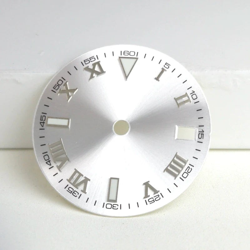 Silver Nail Roman Font White 29mm No Logo Watch Dial For NH35 NH36 Green Lume