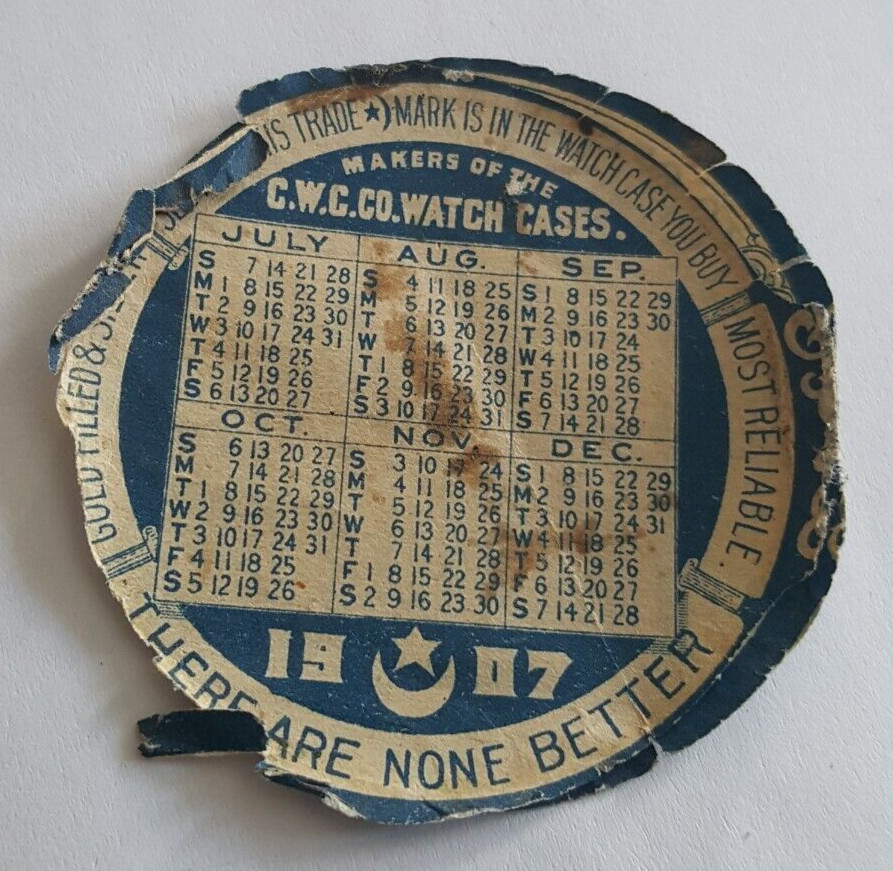 1907 Crescent Watch Case Co Paper Calendar Repair Insert Newark N.J.