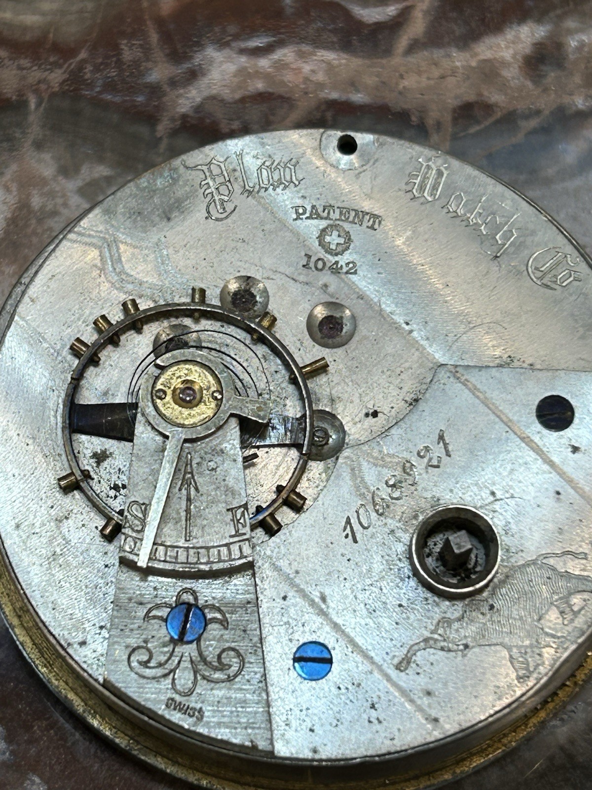 Antique Plan Watch Co Swiss Pocket Watch Movement Patent 1042 Running Elephant