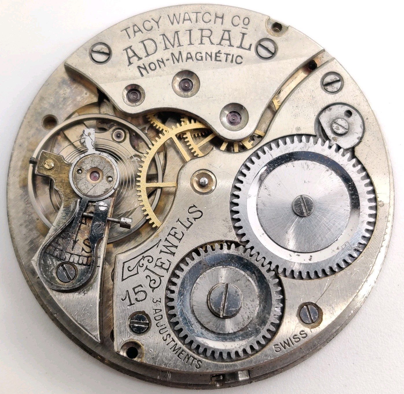 Vintage Tacy Admiral High Grade pocket watch movement runs for repair 39.5mm