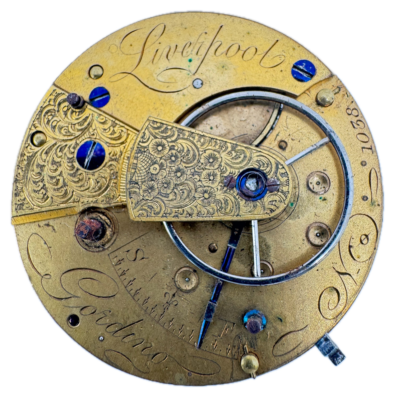 Antique 42mm Liverpool Gordino Key Wind Fusee Pocket Watch Movement England