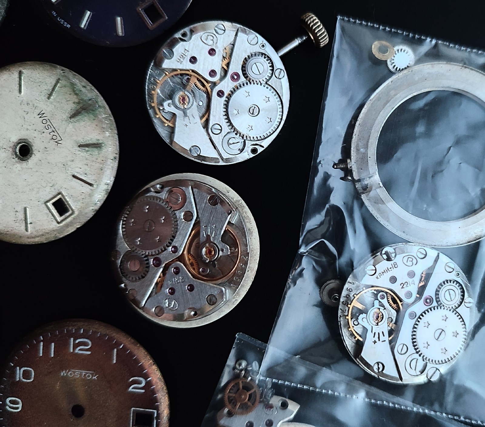 Movement Parts Wostok 2214 and 2209 Dials, Holders, Wheels, USSR Vostok for Use