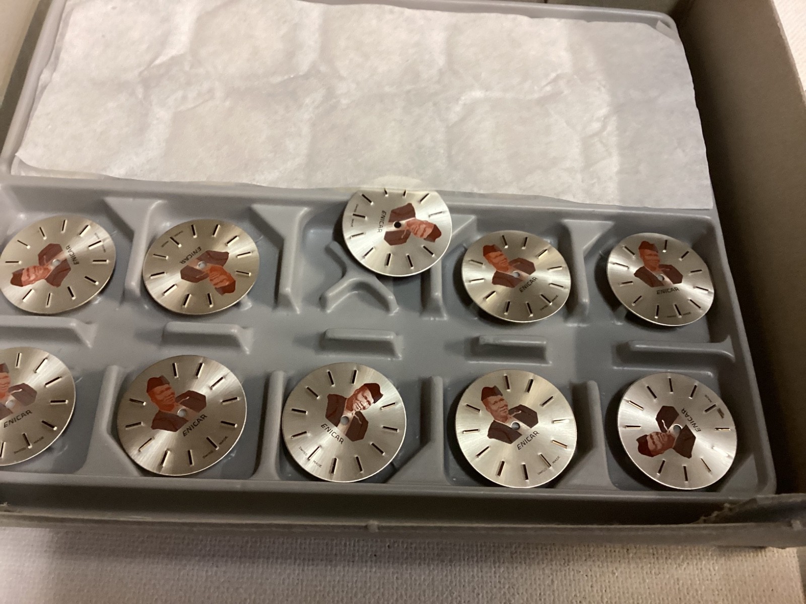 1960’s Box of 90 unused 24mm ENICAR 678_679 watch dials Robert Giavarini Suisse