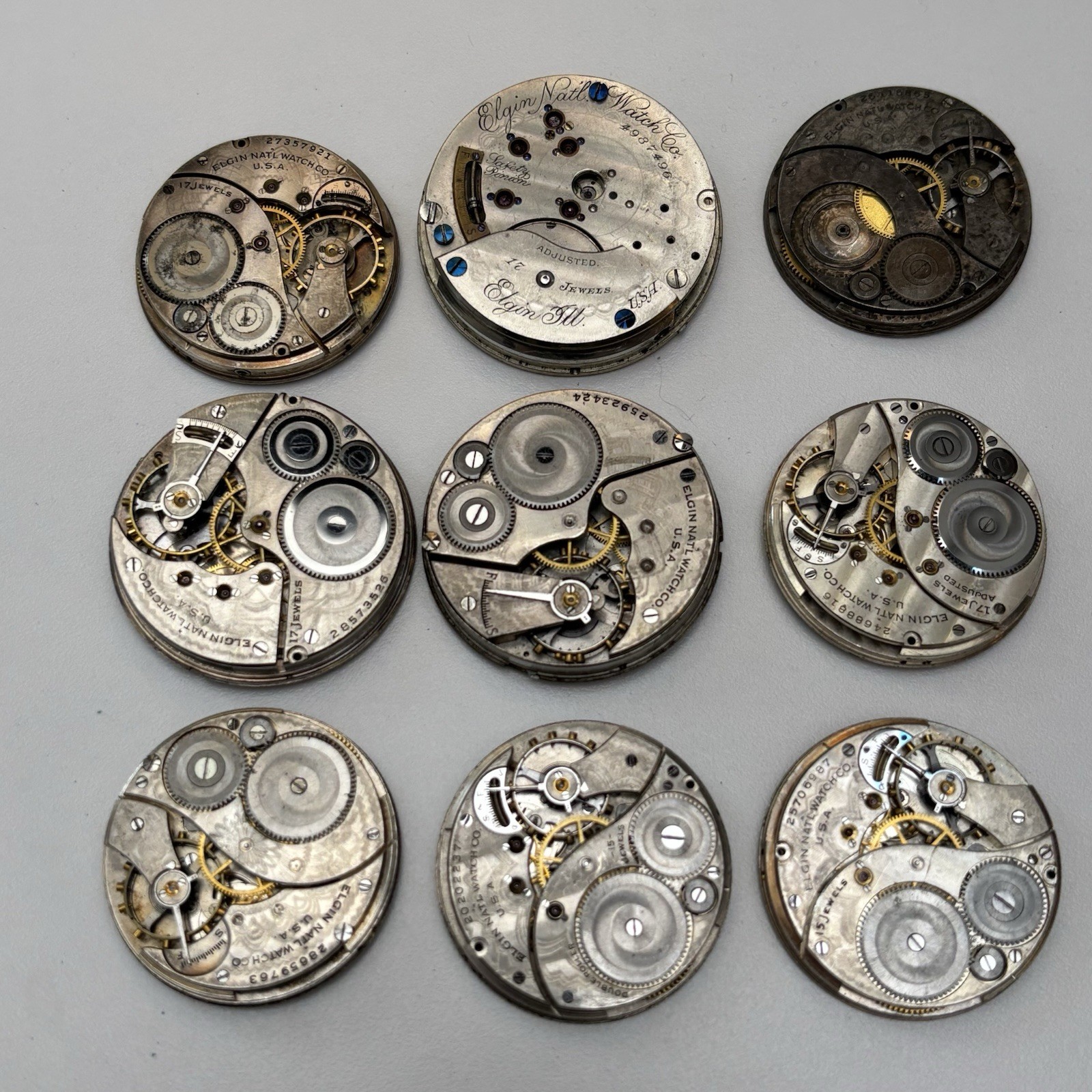 9x Vintage Elgin Pocket Watch Estate Repair Parts Bulk Lot Movement Dial
