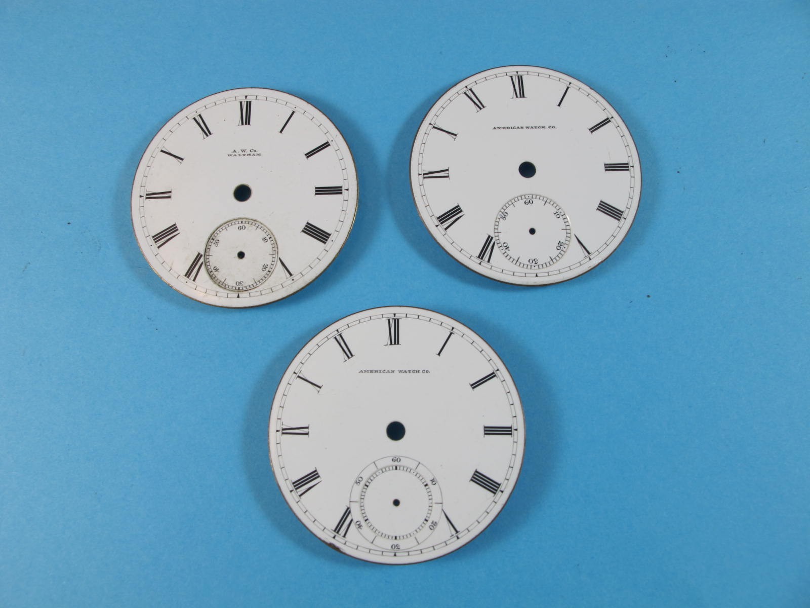 AMERICAN WATCH CO AW CO WALTHAM 18S POCKET WATCH DIAL GROUP OF THREE