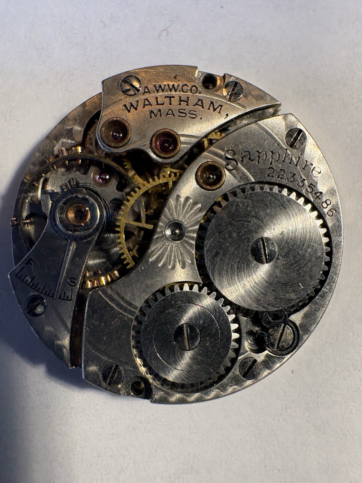 American Waltham Watch Co. Grade Sapphire, Model 1912,6/0s,15j. Year 1918. Parts