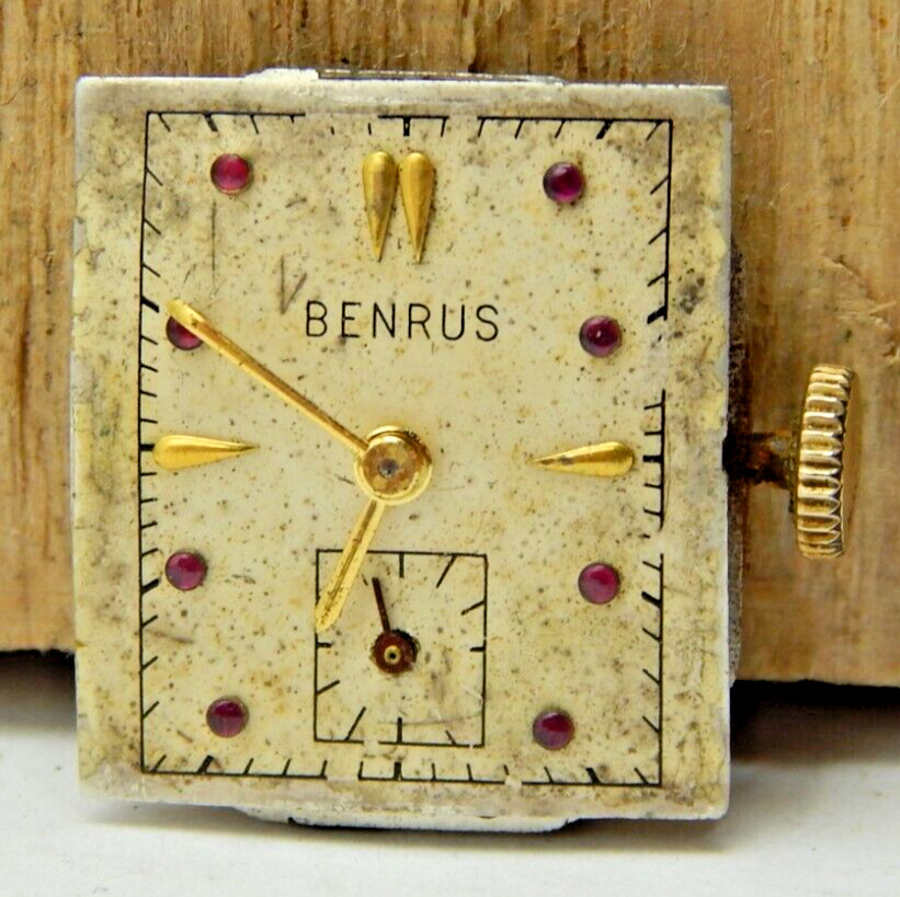 Vintage Benrus B01 17 jewel wrist watch movement with dial crown and case back