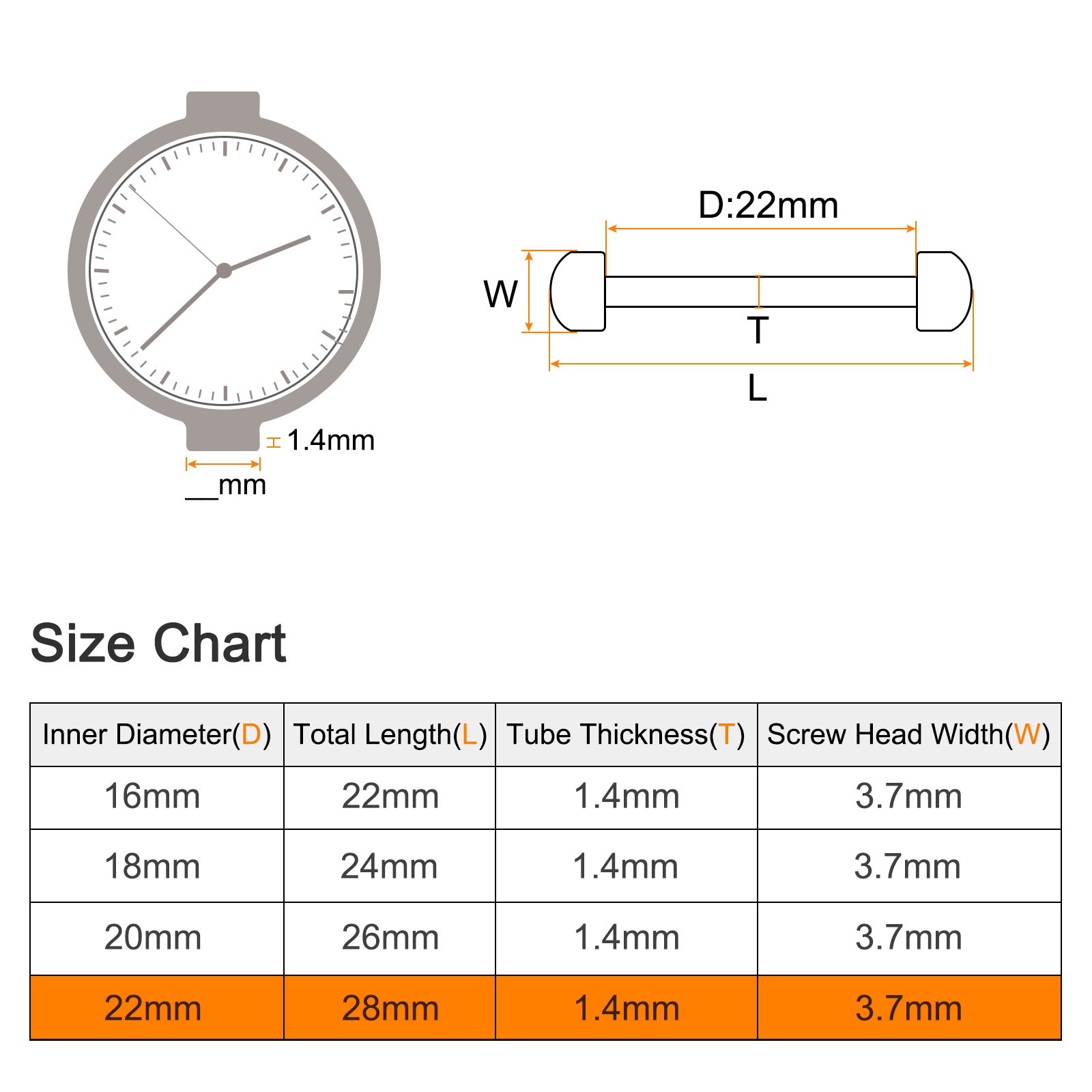 2pcs Watch Screw Tube Rod 22mm Stainless Steel Watch Strap Pins Silver]