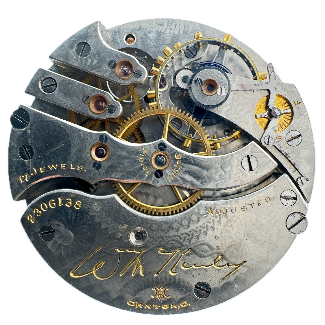 Antique 16s 1907 Hampden Double Sunk 17J Pocket Watch Movement Wm. McKinley USA