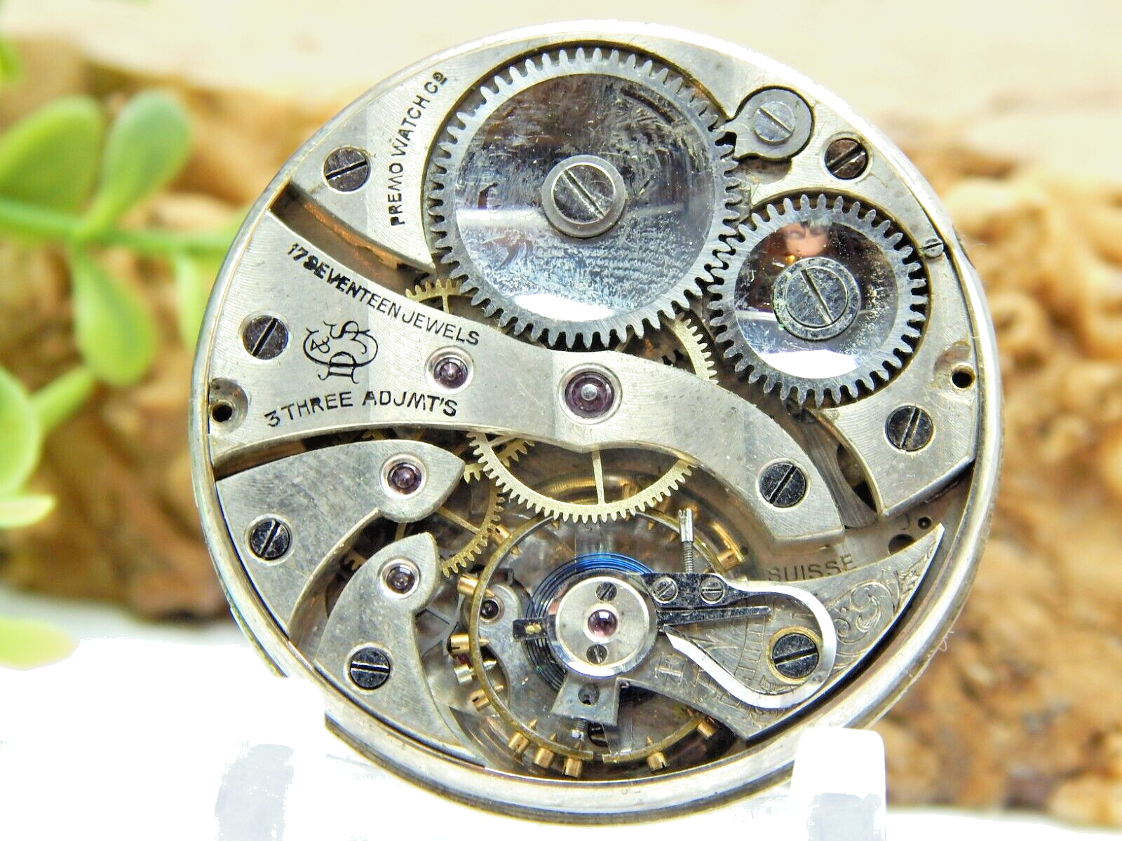 Antique Pocket watch movement Premo by D. Gruen & Sons 12 size 17 jewels 3 adjus