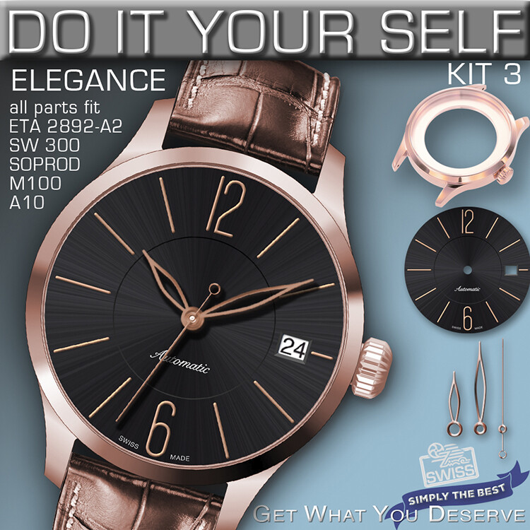 DO IT YOURSELF KIT 3: ELEGANCE CASE 34MM, DIAL, HANDS, fit ETA 2892-A2, SW300