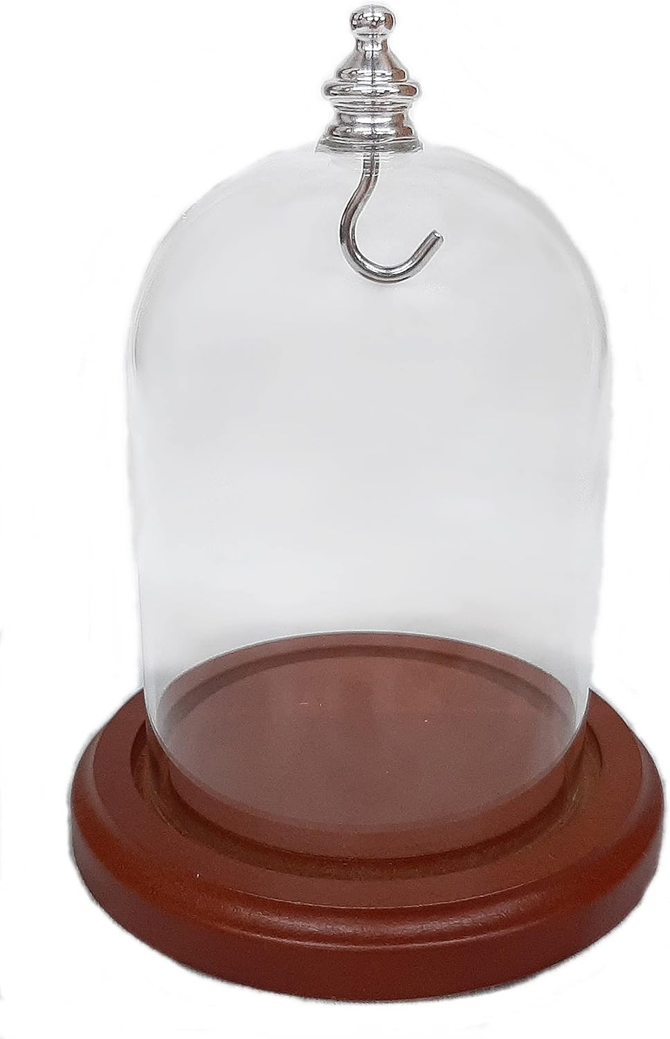 3 X 4 Pocket Watch Glass Display Dome Cloche, Silver Knob & Hook, Walnut Stained