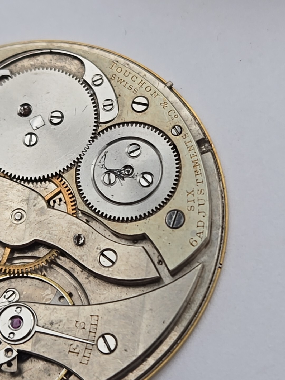 Antique 3mm Thin Touchon & Co Pocket Watch Movement For Repairs 42mm