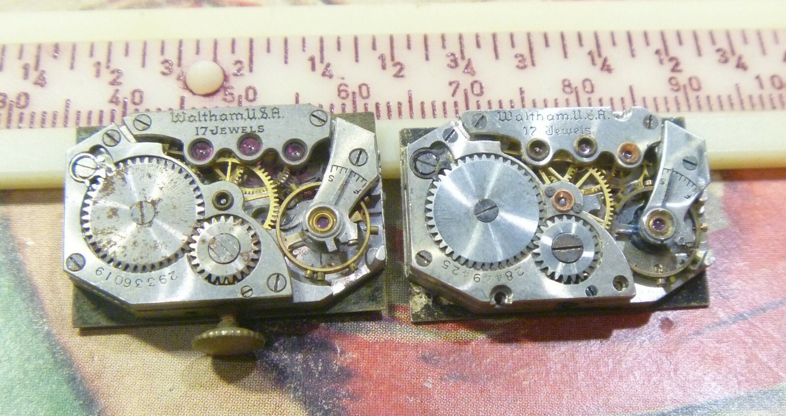 GROUP LOT- TWO Late 1920s Waltham 17J Cut Corner Rectangle Nicer Mvts, Dials !!
