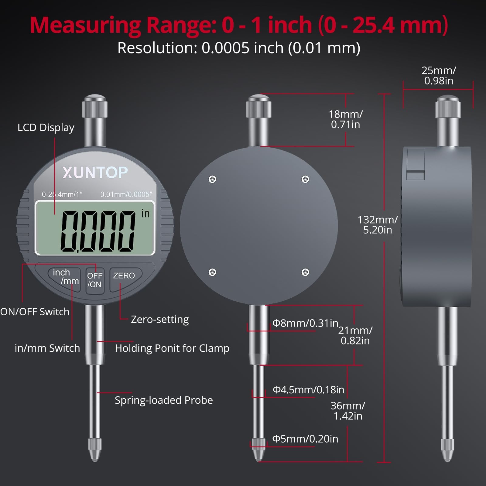 XUNTOP Digital Dial Indicator 1inch/0.0005inch LCD Display Electronic Dial Test