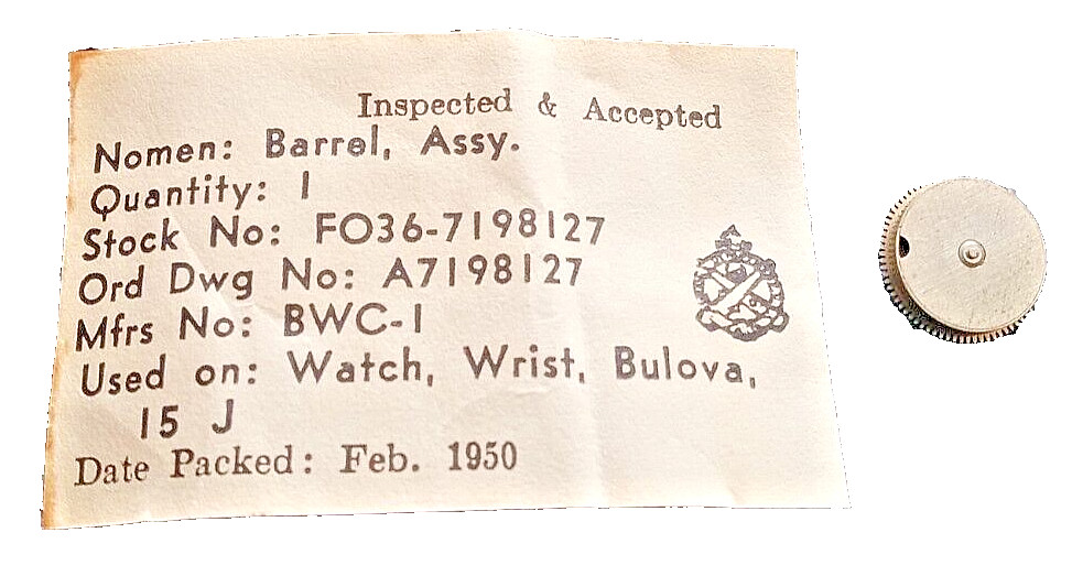 Bulova WWII Military Ordnance Barrel Assembly Complete 15j Watch Part