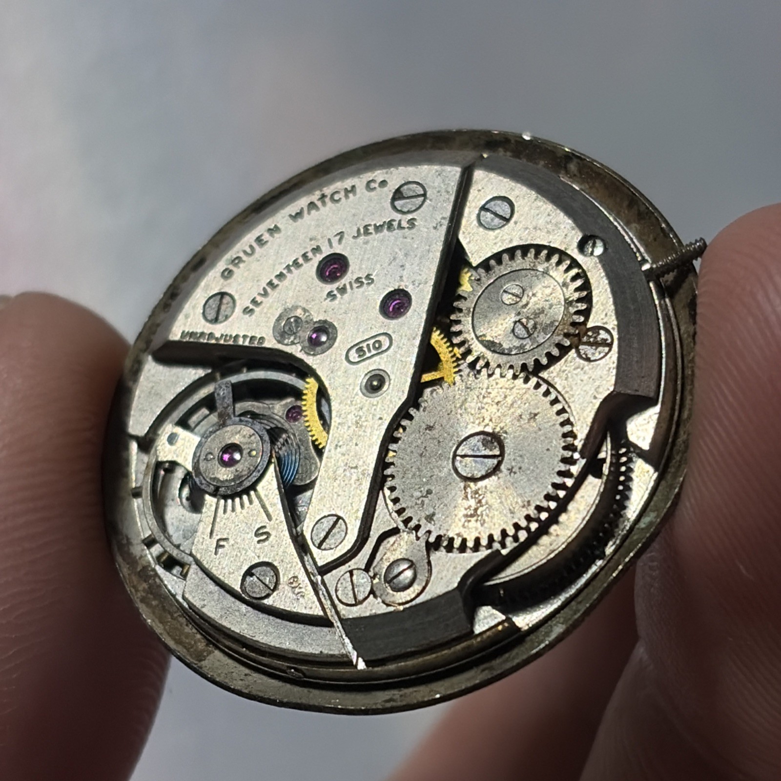 Vintage Gruen Precision 17J Swiss 510 Wrist Watch Movement Parts/Repair AS IS