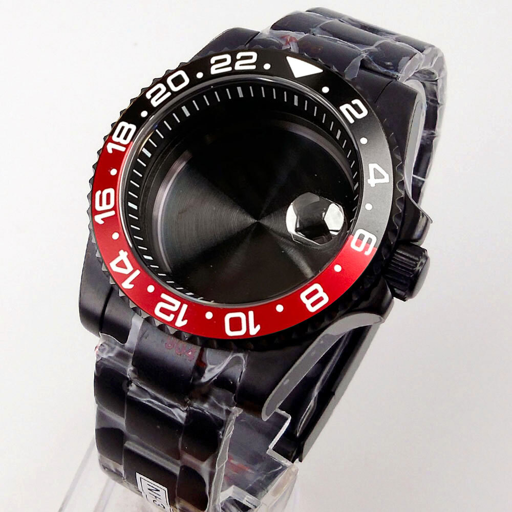40mm Black PVD Sapphire Glass Watch Case Fit NH35A NH36A ETA2824 PT5000 Rubber