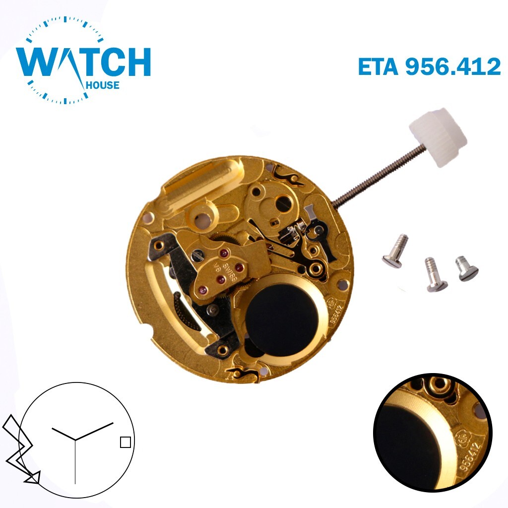 UNCOMPLATED ETA 956.412 Quartz Swiss Movement, WHITE DATE DISK AT3, GOLD.