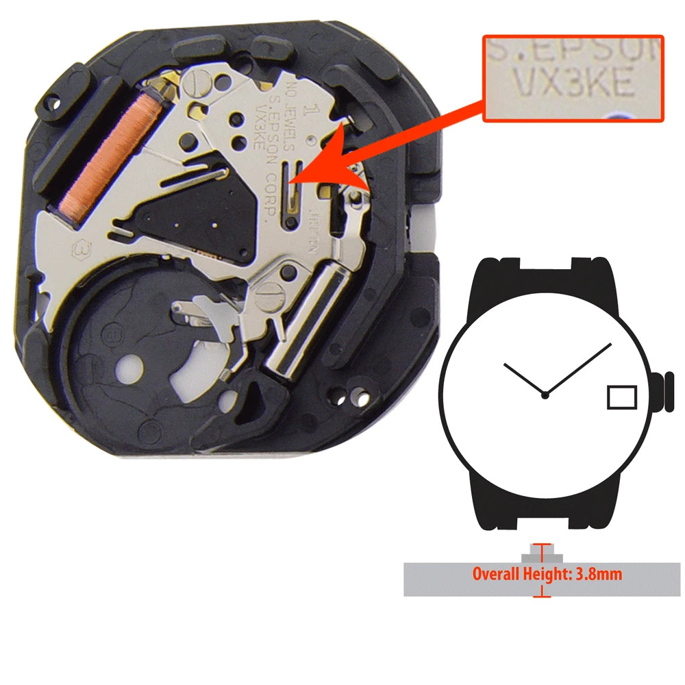 Original Hattori/Seiko/Epson VX3K Date @3/6 Japan Quartz Movement HT: 3.8mm