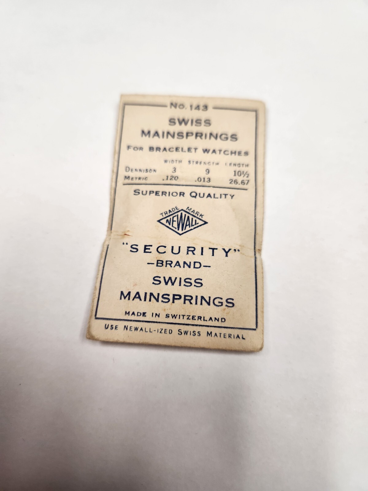 Newall Security Swiss Mainspring No. #143 for Bracelet Watches, .120 .013 26.67