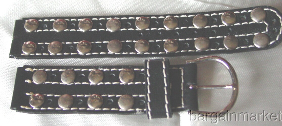 18mm Silver Stud Bike Biker Style Black Leather Watch Band