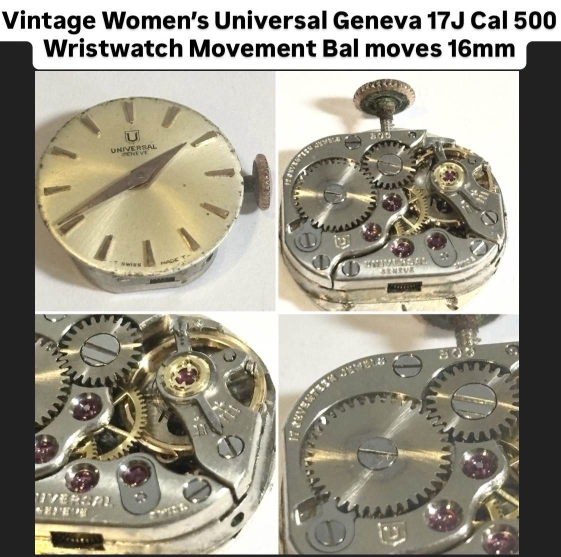 Vintage Women’s Universal Geneve 17J Cal 500 Wristwatch Movement 16mm Bal Moves