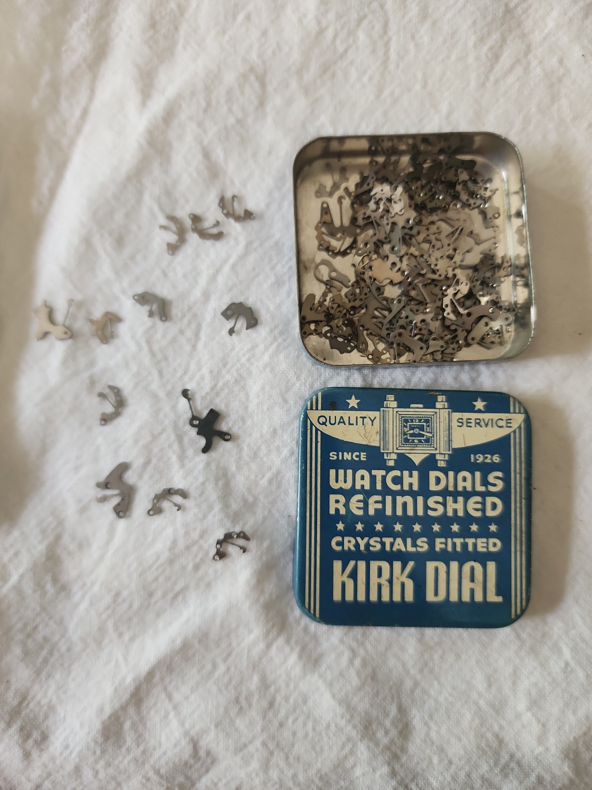 Vtg. Kirk Dial Watch Parts Tin with Various Pieces For Repair Of Watches