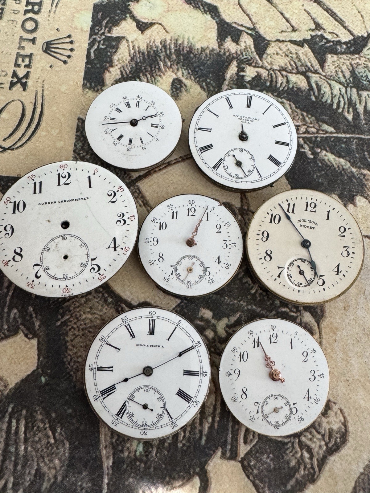 Lot Of 7 Antique Pocket Watch Movements With Porcelain Dials