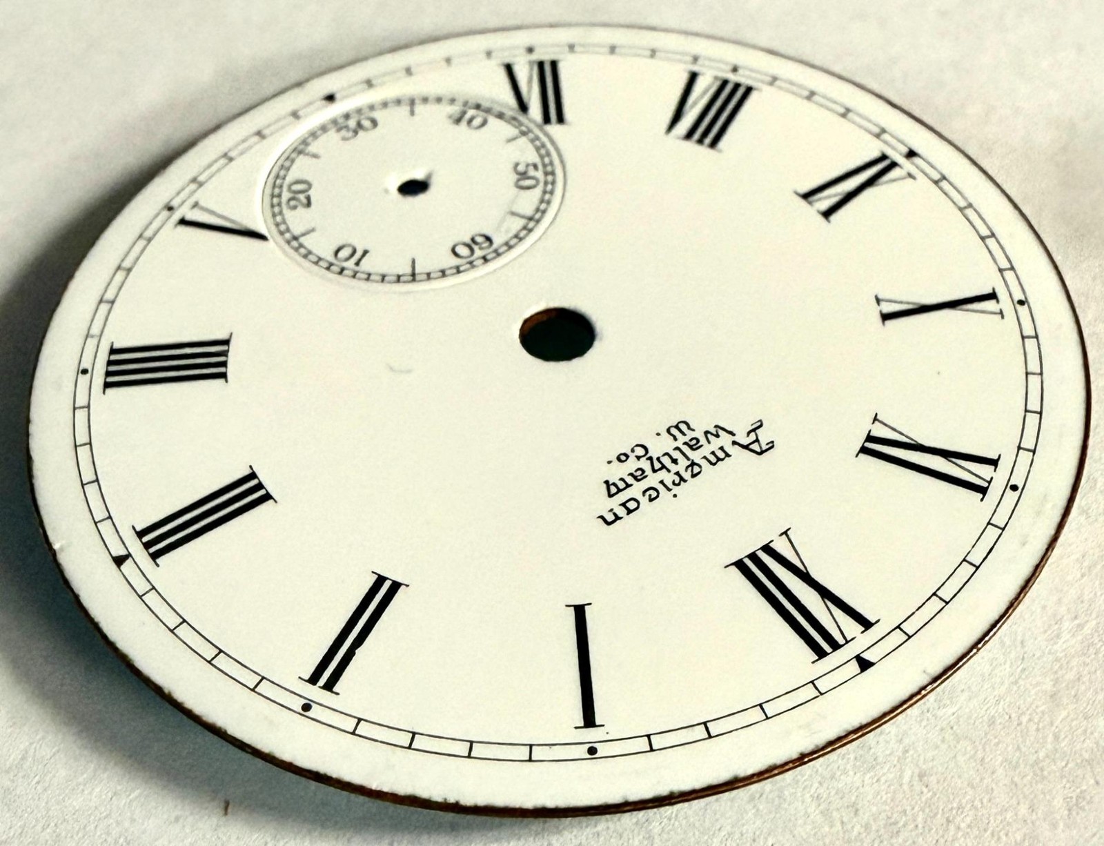 ANTIQUE 18 SIZE WALTHAM PORCELAIN ENAMEL POCKET WATCH DIAL FOR PARTS 45.88mm