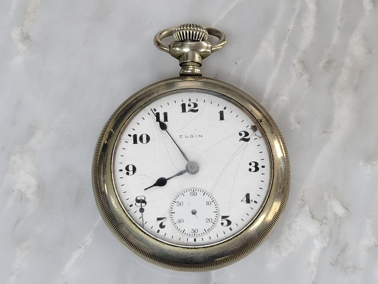Antique 1916 Elgin Open Face Pocket Watch w/ Silverine Case ~ 18s ~ 7J ~ 1-K106