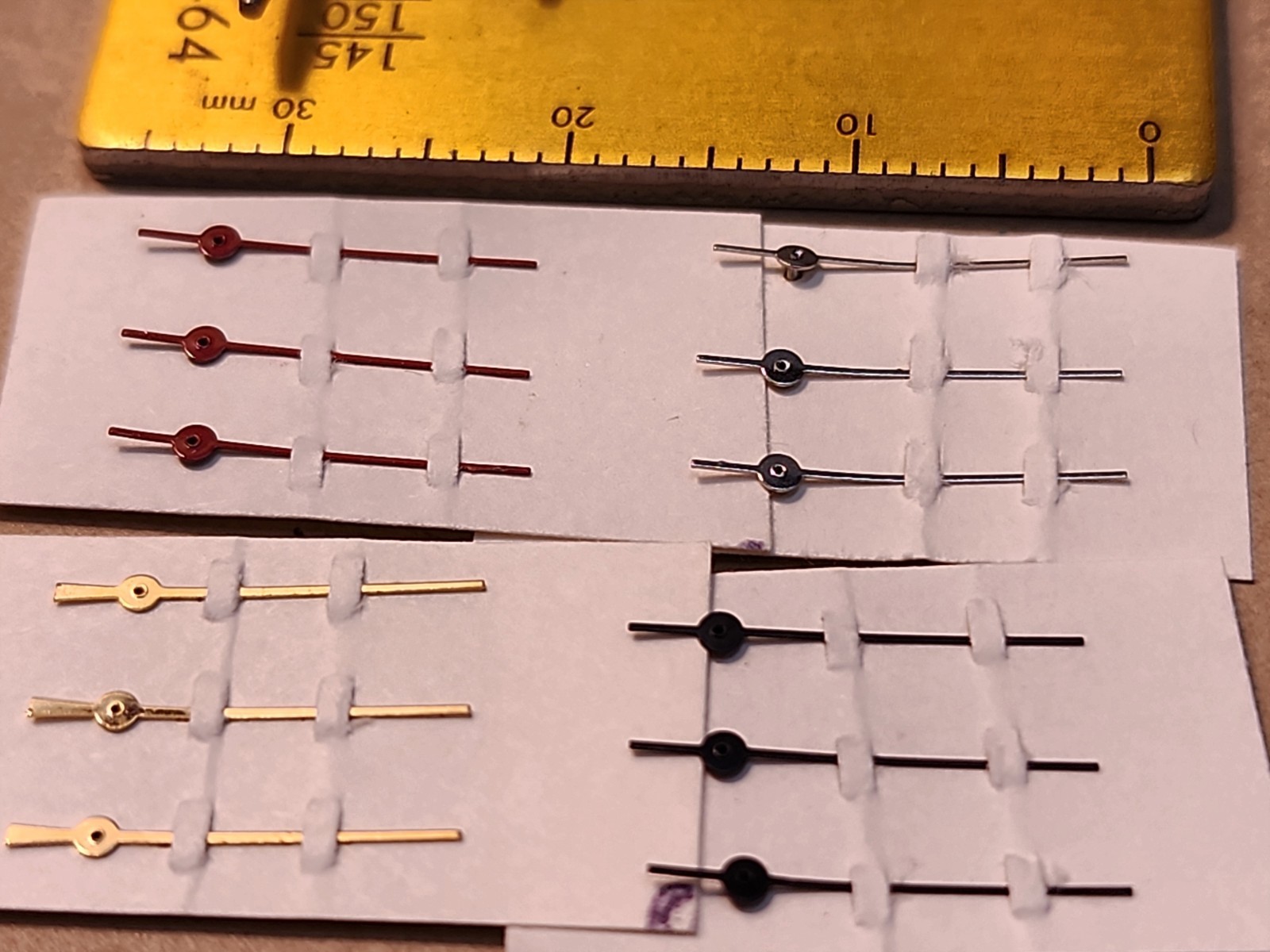 1 Dozen Vintage NOS Sweep Second Hands-Red, Black, Gilt, & Silver