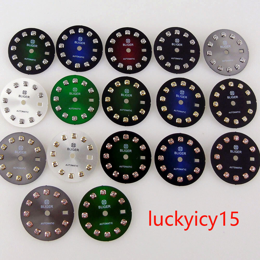 Bliger 20.5MM Blue Green Black Watch Dial Luminous Gold Diamond Index Fit NH05