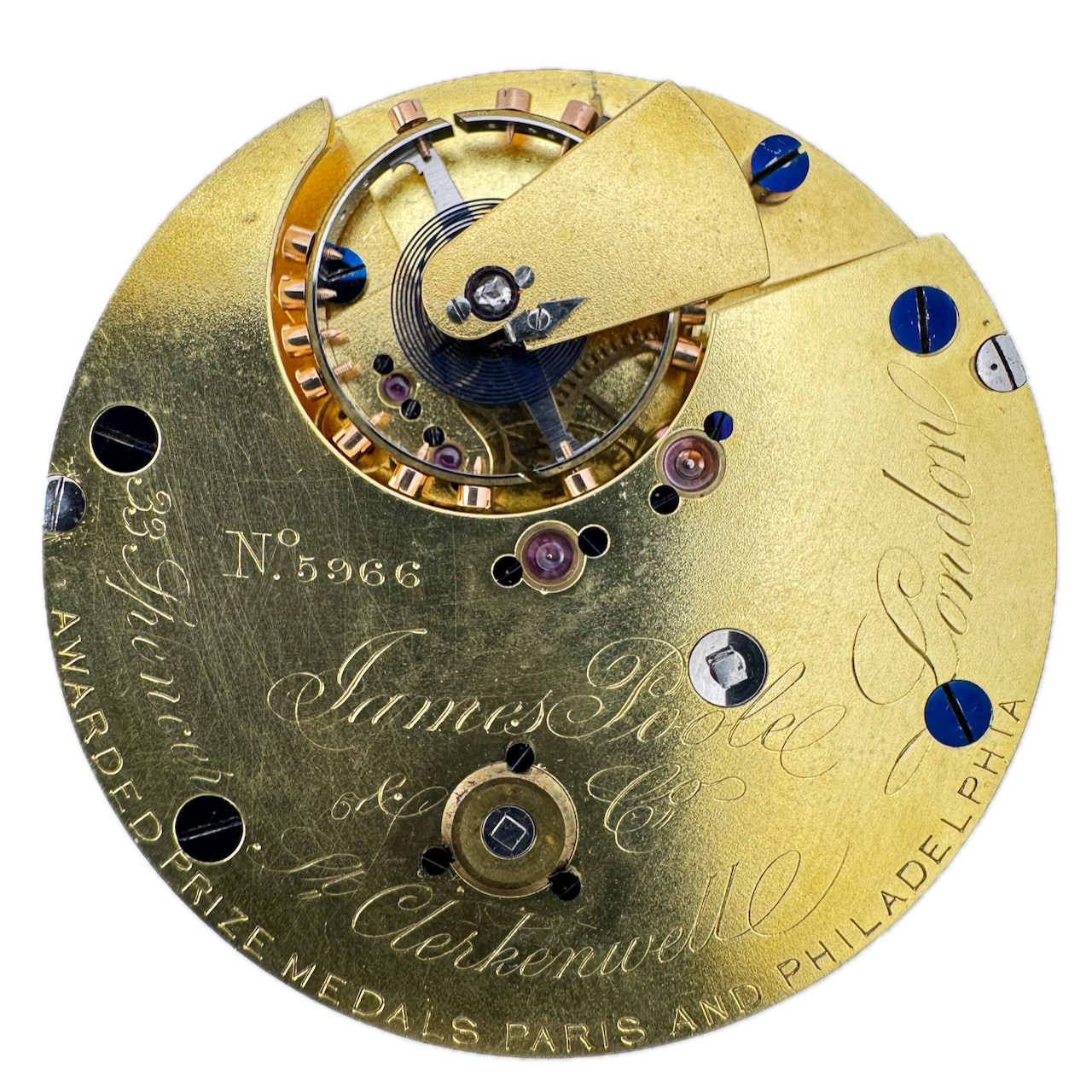 Antique 46mm James Poole Center Second Chronograph Pocket Watch Movement