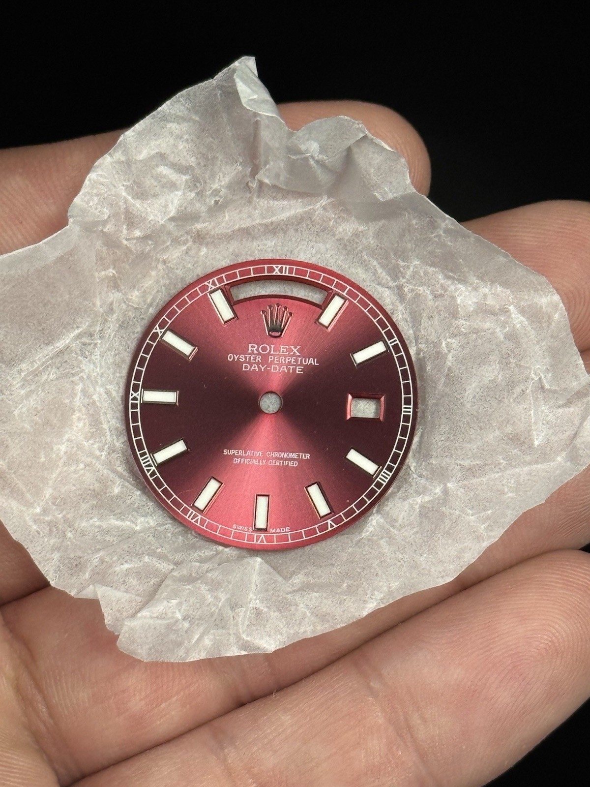 Custom Rolex Dial Cherry Red Day-Date 28.5mm for 128238, 128235, 128239 w/ Hands