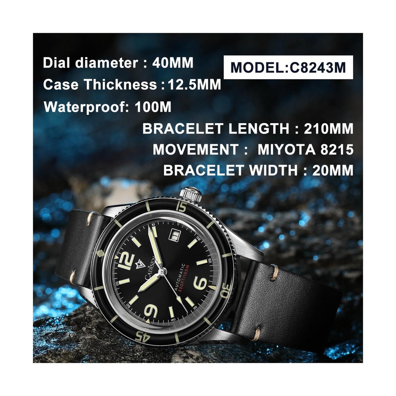 CADISEN Men’s Automatic Watch Leather Strap Casual Homage black
