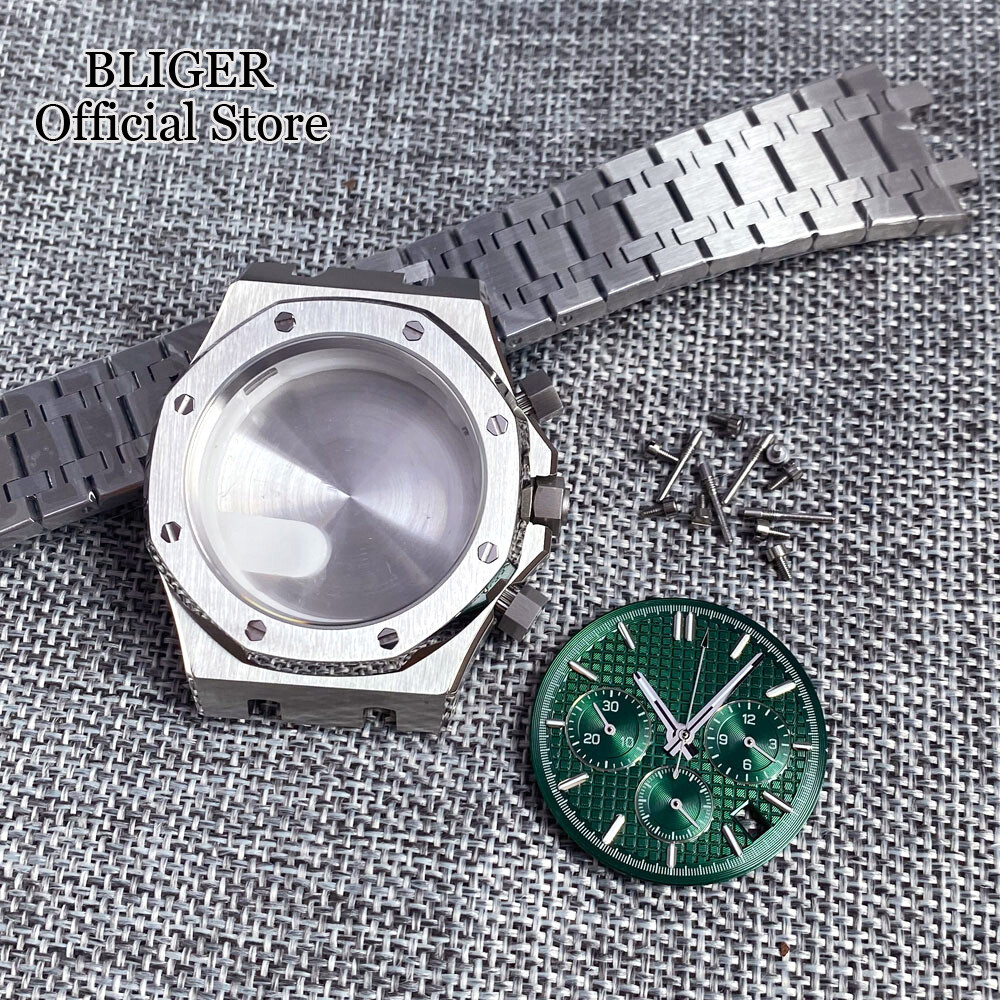 42mm Brushed Watch Case Bracelet 32.1mm Black Blue Dial Fit VK63 Quartz Sapphire