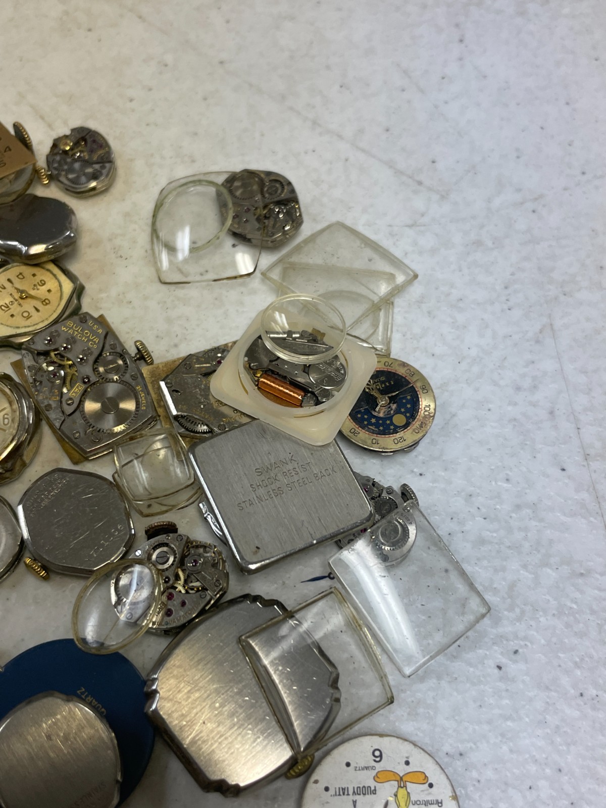 Vintage Watch Repair Parts Lot Movements Cases Dials Crystals Bulova Elgin Craft
