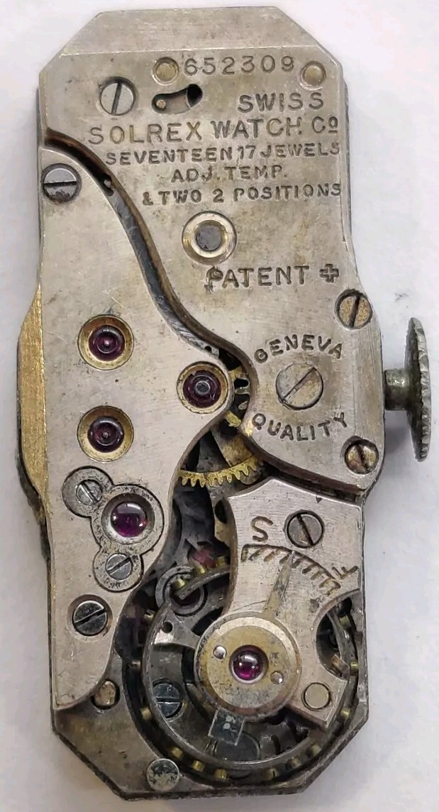 Vintage Solrex High Grade 17 jewel Baguette watch movement runs For Repair