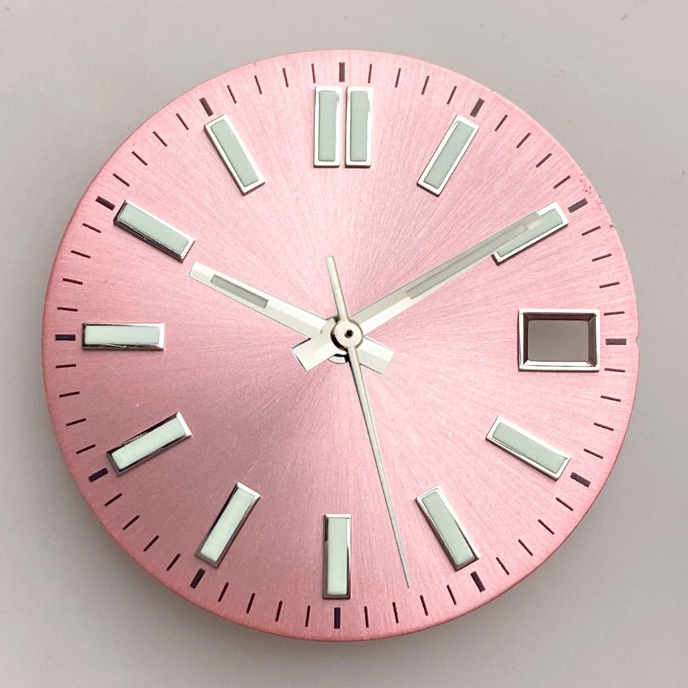 29mm NH35 Watch Dial Black/Pink/Blue Sunburst Face Luminous Baton Markers Date