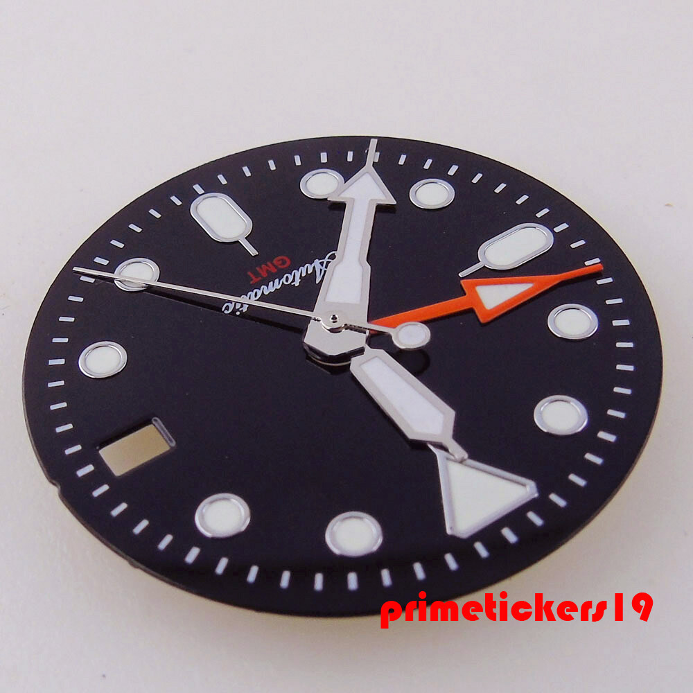 Fit NH34 GMT Movt 29mm Sterile Watch Dial Black Orange Face Date Hands Luminous