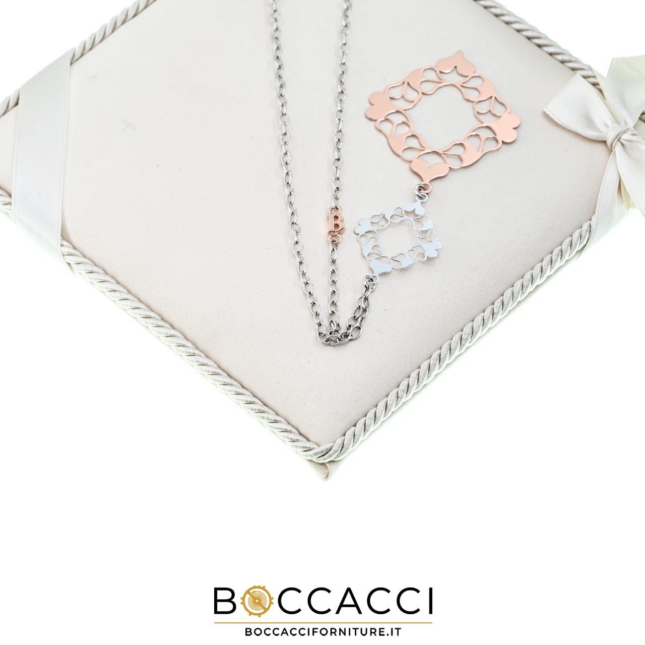 BOCCADAMO 925 Silver Necklace, Bicolor Rosè Hearts Pendent (NEW)