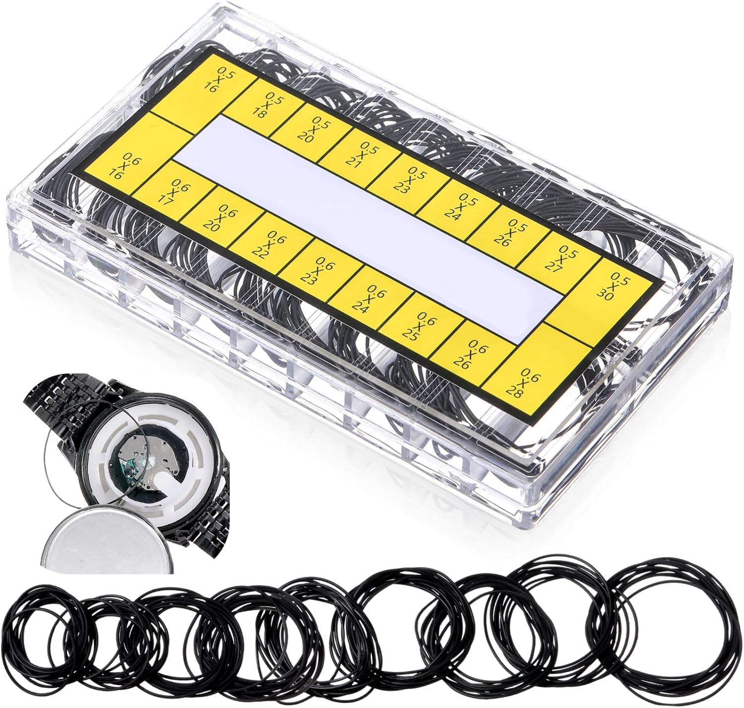 200pc Watch Gasket Kit 0.5/0.6mm Rubber O-Ring Waterproof Back Seal 16-30mm Set