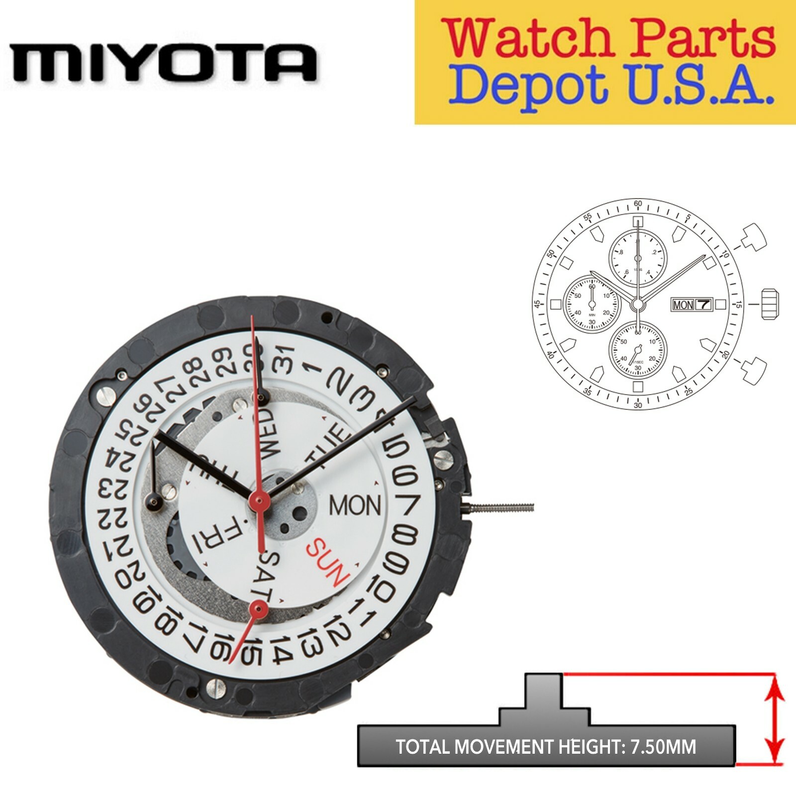 Original Miyota 6S00 Japan Quartz Chronograph Movement, Day/Date at 3, 3 Eyes