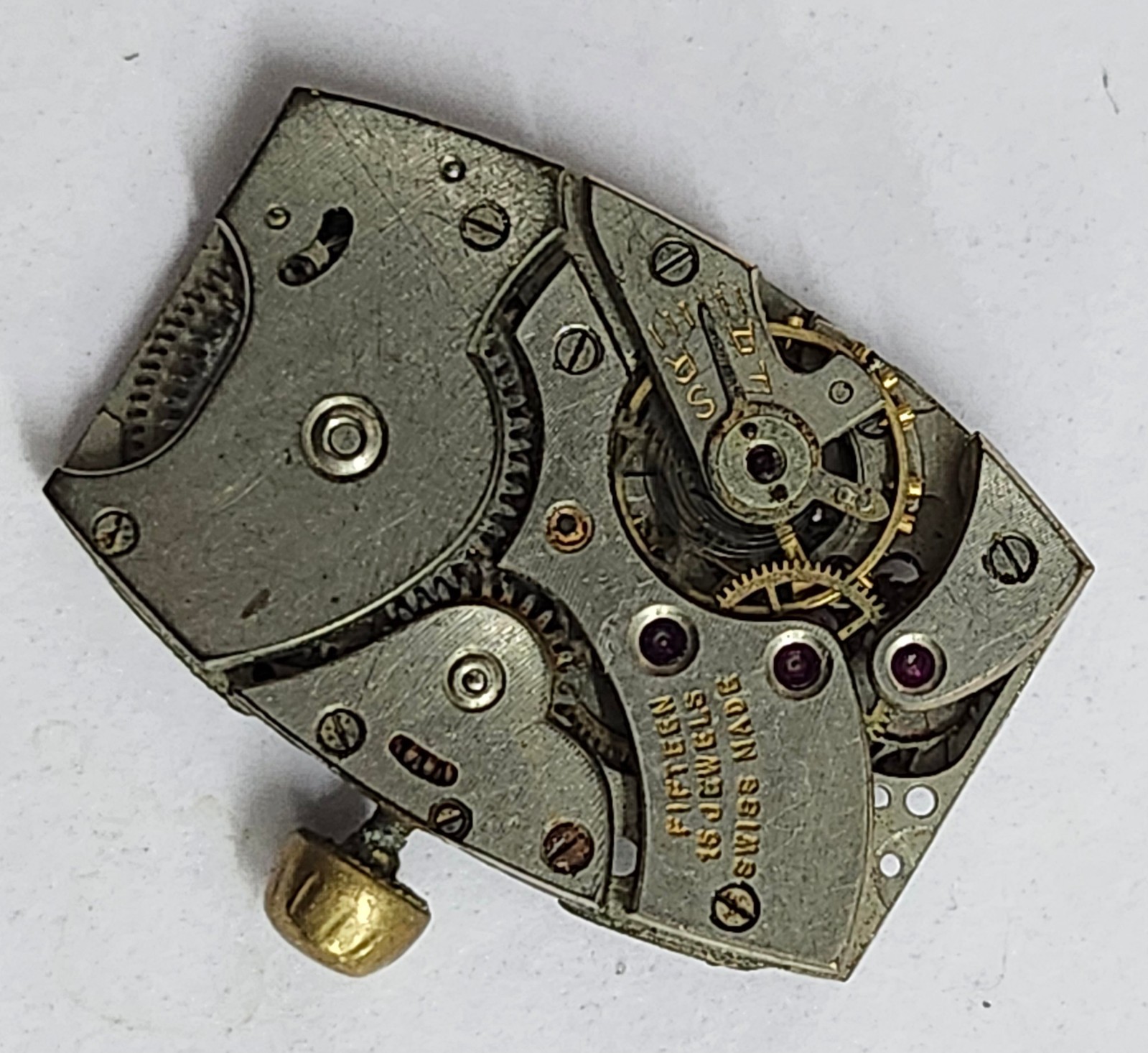 15-Jewel Rectangular Watch Movement & Stainless Steel Back Case — Parts / Repair