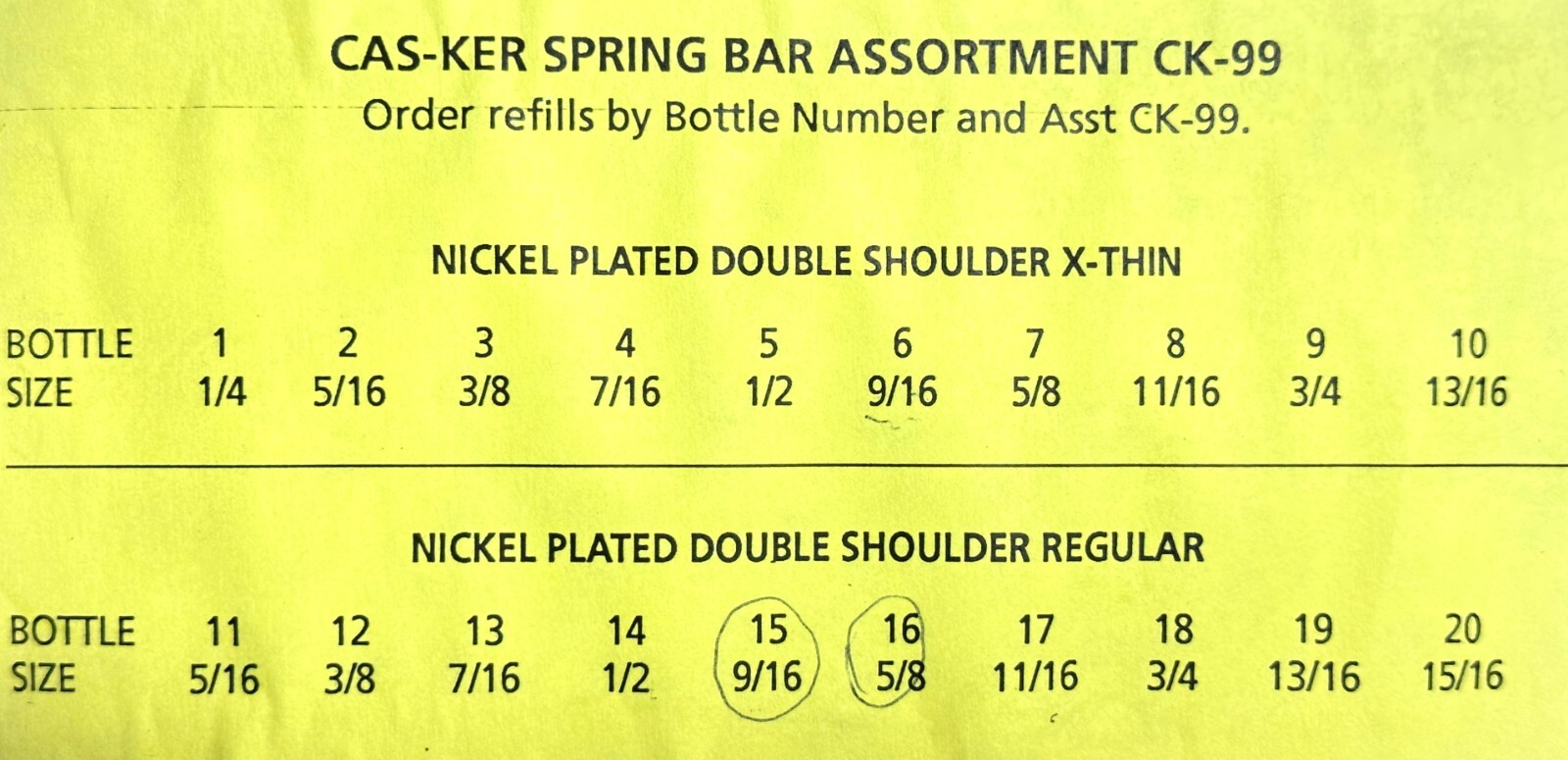 CasKer Co Ck-99 Nickel plated Double Shoulder Spring Bar Assortment VIAL 7 EMPTY