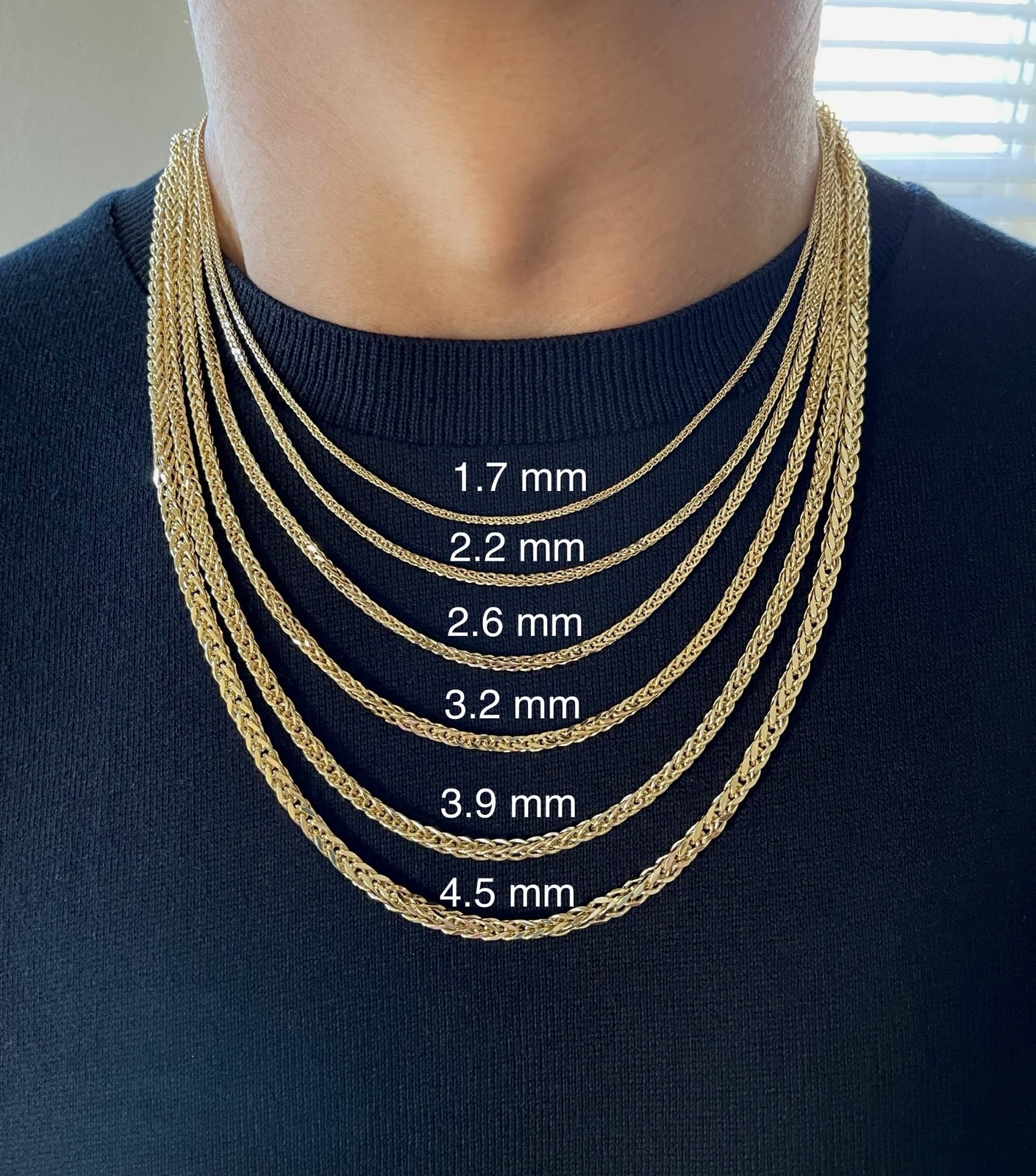 10K and 14K Gold Square Wheat Chain 1.7mm 2.2mm 2.6mm 3.2mm 3.9mm 4.5mm Yello…