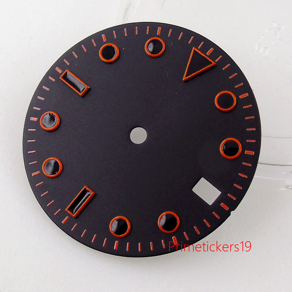 29mm Black Watch Dial Date Window Orange Marks Fit NH35 NH36 MIYOTA82 ETA2824