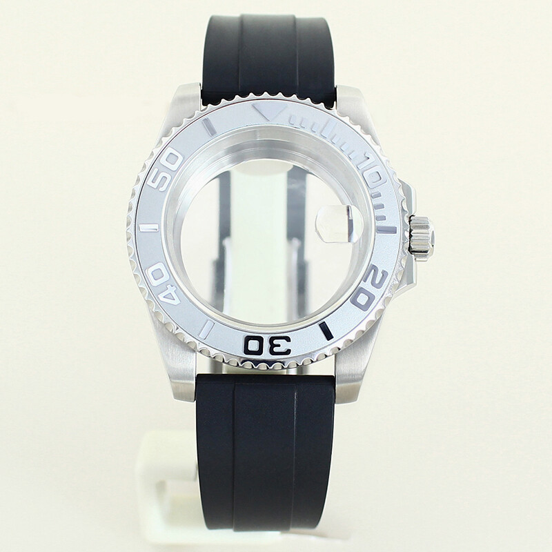 silvery 40mm Yacht Watch Case Rubber Strap With Stainless Steel Sliding Buckle
