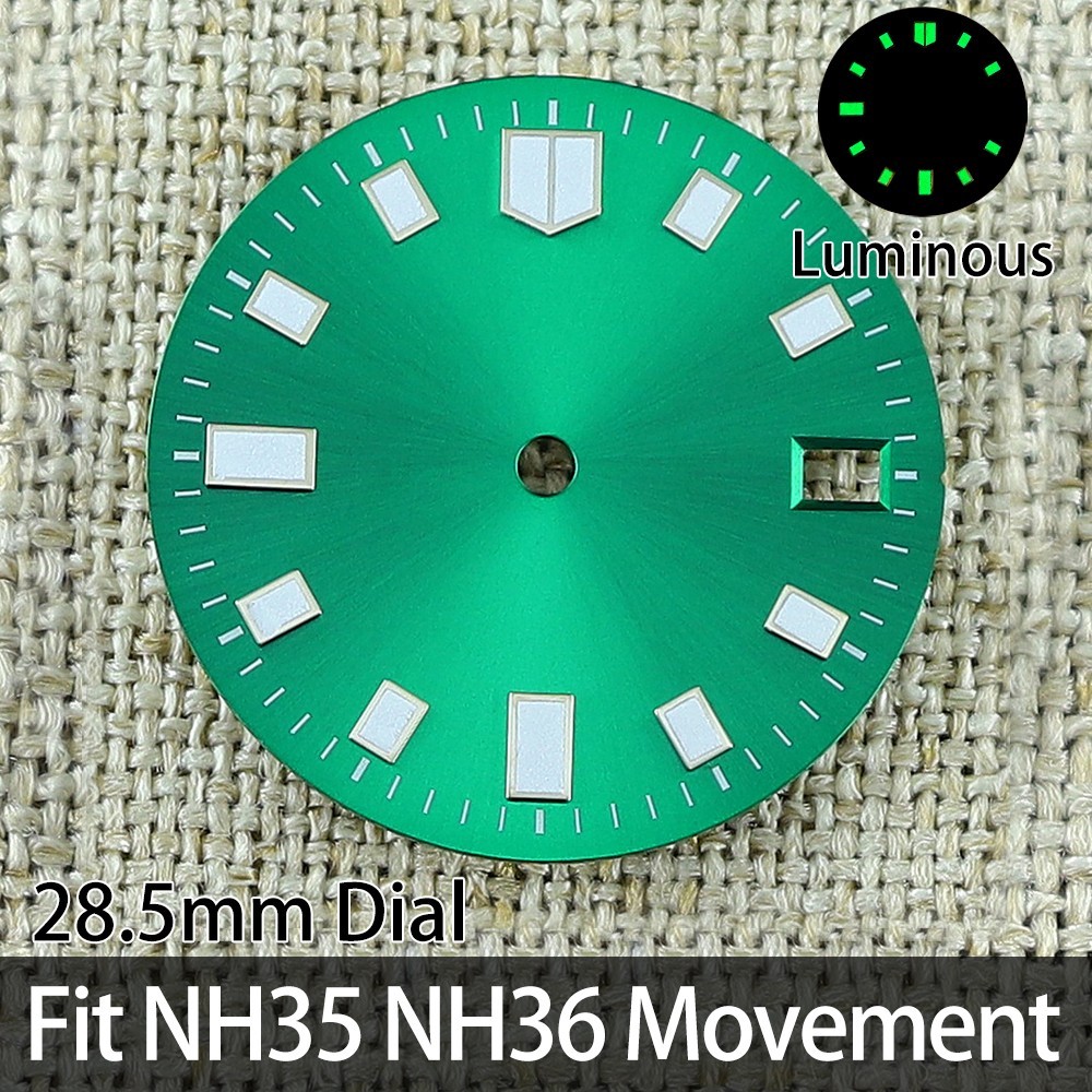 Sunburst finish 28.50mm Date Watch Dials Green Luminous For Seiko NH35 Movement